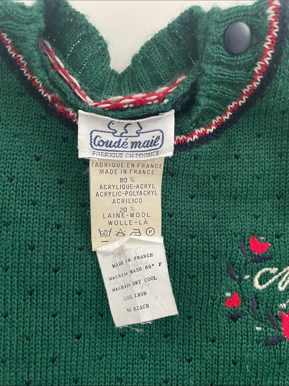 Green Knit Baby Set with Heart Trim Vintage Size 1 Made in France